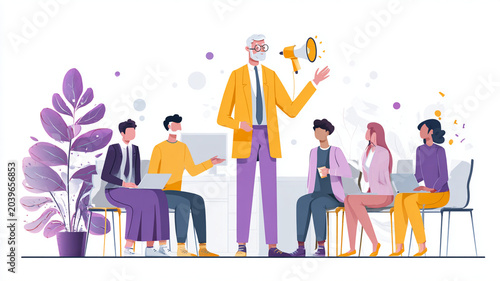 Group of diverse employees attentively listening to senior leader giving motivational speech in modern office setting. atmosphere is collaborative and inspiring