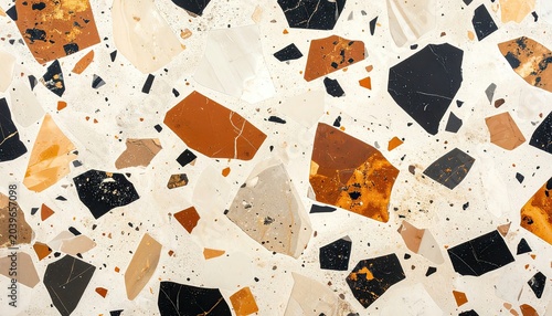 Abstract Terrazzo Pattern with Irregular Geometric Shapes and Speckles.