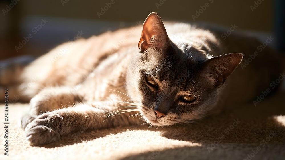 Fototapeta premium A beautiful domestic cat is resting peacefully in warm sunlight showcasing soft fur and a serene mood