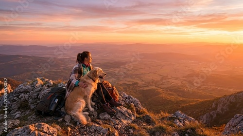Woman and golden retriever enjoying mountain sunset view