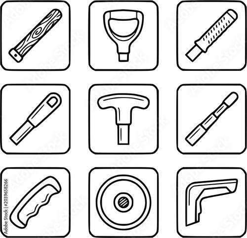 Konstfotografi Black and White Line Art Icons of Various Tool Handles and Grips for Design