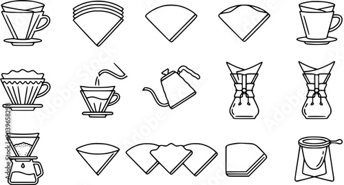 Foto Coffee Brewing Equipment Line Art Icons: Pour Over, Filters, Kettle, Chemex, Mug