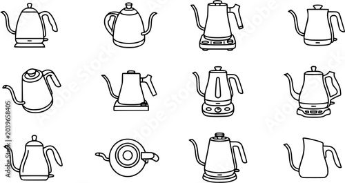 Foto Black and White Line Art Icons Set of Various Kettles, including Electric Water