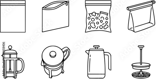 Fotografia Black and White Line Art Icons of Food Packaging and Coffee Makers