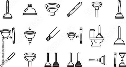 Quadro su tela Plumbing Tool Icons: Black and White Line Art of Plungers, Toilet, and Funnels