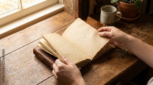 Hands turning pages of an old book on a wooden desk
