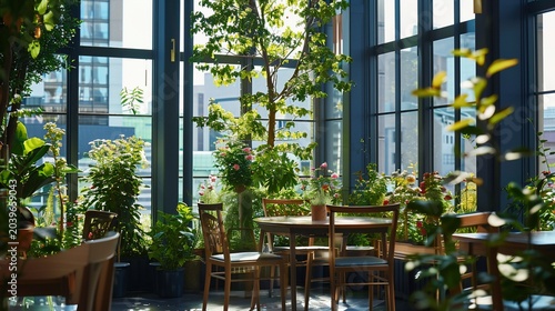 Indoor greenhouse cafe setting with wooden tables, chairs, and vibrant plants, city views