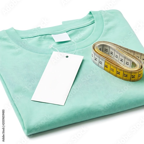 Folded T-Shirt Merch Mockup with Blank Price Tag and Measuring Tape