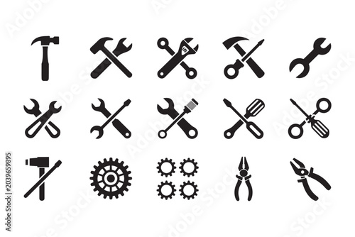 Black and white of various including tools, musical instruments, and household on transparent background