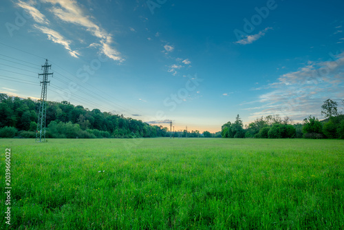 Quadro su tela Expansive wide open green field in the tranquil countryside featuring distant power transmission towers and a thick forest edge under a magnificent blue sky with gentle sunset colors
