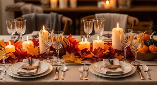 Autumn Thanksgiving dinner, candlelit table setting, fall leaves, elegant home dining