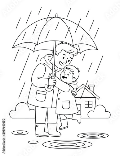 Foto Father sheltering his child under an umbrella in the rain in this sweet Father's
