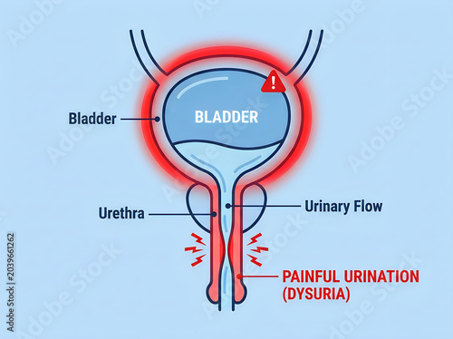Illustration of urinary system with bladder and urethra showing painful urination and inflammation.