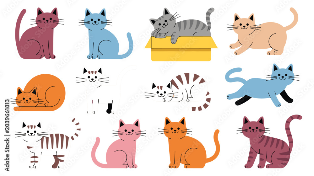 Obraz premium Cute Cartoon Cat and Kitten Character Vector Illustration Set Featuring Colorful Felines in Different Playful Poses Sitting Sleeping and Hiding in a Box