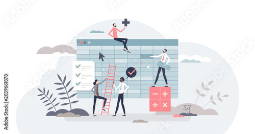 Photos Learning spreadsheets and studying worksheets for digital data processing tiny person concept, transparent background