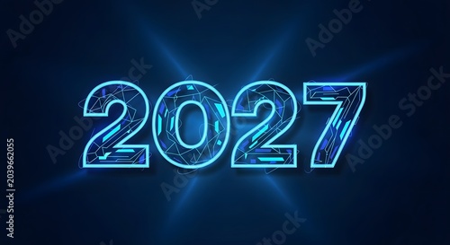 Glowing blue 2027 neon digital year sign