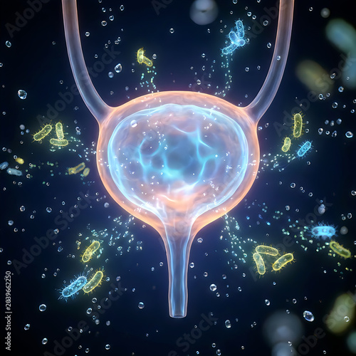 Medical illustration of urinary bladder infection caused by bacteria.