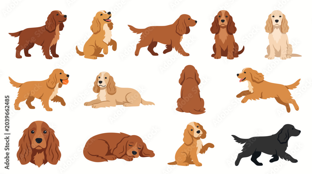 Fototapeta premium English Cocker Spaniel Dog Vector Illustration Set with Various Poses and Colors for Pet Lovers