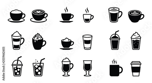 Tableau sur toile coffee cup collection in silhouette style beverage drink cafe hot cold steaming