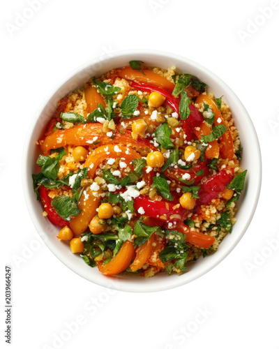 Mediterranean couscous salad bowl with roasted peppers chickpeas and crumbled feta cheese isolated on transparent background for professional food and high quality recipe marketing and