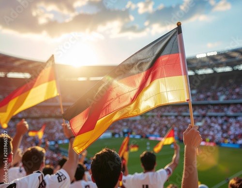 Close-up of Germany national team fans waving large Germany flag (horizontal black)