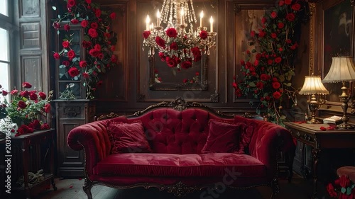 Opulent room with crimson roses, velvet sofa, chandeliers, and antique decor