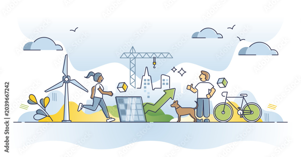 Obraz premium Green infrastructure and environmental friendly lifestyle outline concept, transparent background. Ecological zero emissions electricity production in smart and modern urban city.