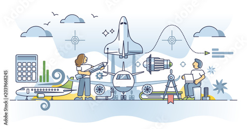 Cuadro en lienzo Aerospace engineering with aviation knowledge specialty outline concept, transparent background
