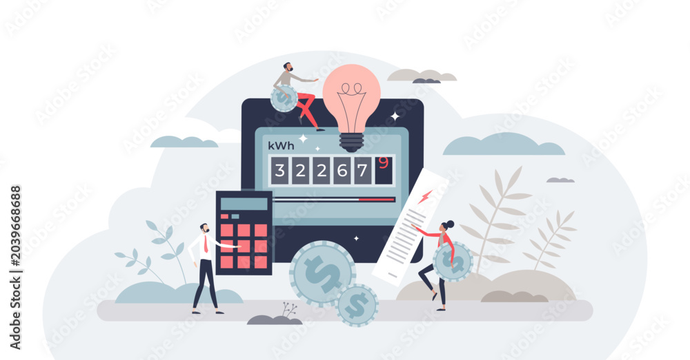 Fototapeta premium Energy bills payment and monthly electricity readings tiny person concept, transparent background. Raising utilities cost and power expenses receipt illustration.
