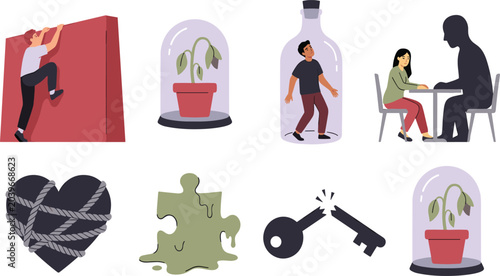 Fotografía Emotional Struggle and Toxic Relationship Illustration Set with Isolation, Heart