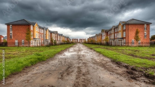 Urban Housing Development Under Dramatic Cloudy Sky with Muddy Pathway and Green Grass on Both Sides