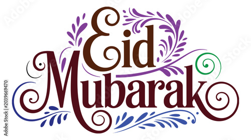 Tableau sur toile Elegant Eid Mubarak Greeting: A beautifully stylized typographic design proclaims Eid Mubarak with intricate floral and swirl embellishments, conveying warm wishes for a blessed celebration