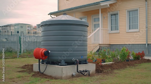 Modern Water Storage Tank Next to Residential House in Suburban Area with Garden and Landscaping Features