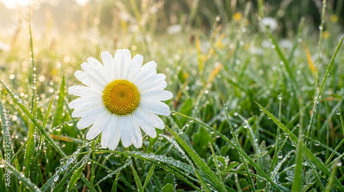 Foto White daisy flower with morning dew drops on grass wildflower botanical
