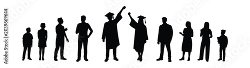 Photos Graduation Celebration Silhouettes: A diverse group of students, including graduates in caps and gowns, stand in silhouette, celebrating their academic achievements with raised arms
