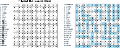Haunted house Halloween word search puzzle on white background