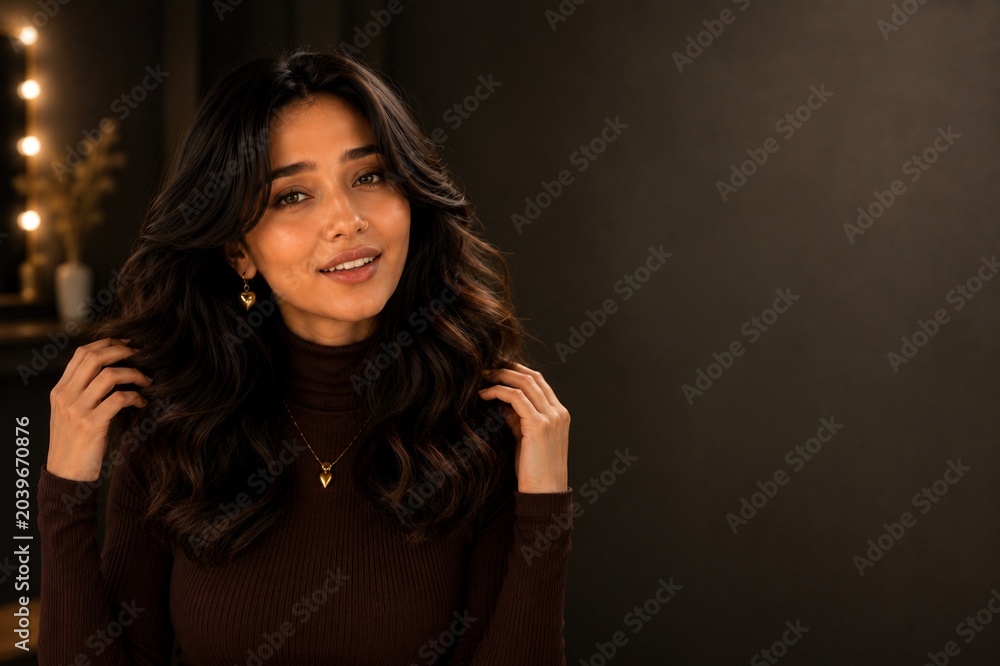 Fototapeta premium Woman Showing Voluminous Styled Hair In Warm Beauty Portrait