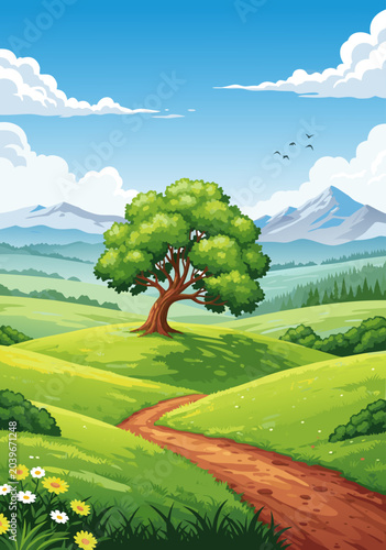 Vibrant vector illustration of a winding dirt path leading to a large, leafy tree in a lush green meadow under a blue sky with clouds and distant mountains