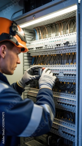 Experienced technician adjusts circuit breaker inside modern electrical panel, focusing on safe operation and proper wiring installation.