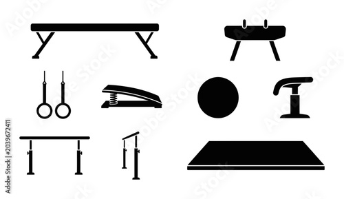 Bild auf Leinwand 9 Gymnastics Equipment Silhouette Icons, Flat, for Sports and Fitness Concepts