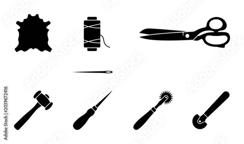 Schilderij op canvas Leatherworking Tools Silhouette Icons, Crafting Supplies, for Handmade Goods