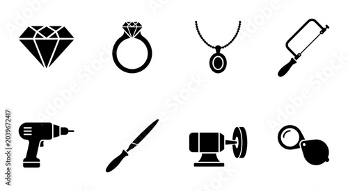 Konstfotografi Jewelry Making Tools and Gemstone Icons, Silhouette, for Crafting and Design