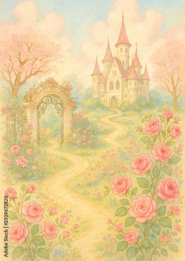 Obraz premium Whimsical castle in blooming garden.
