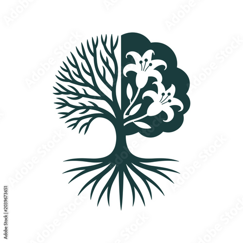 Photos Tree of life with bare branches and blooming lilies