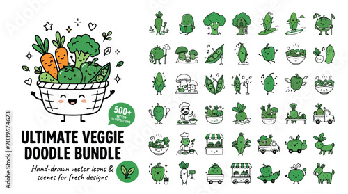 Tableau sur toile Ultimate veggie doodle bundle, hand-drawn vector icons and scenes, cute green ve