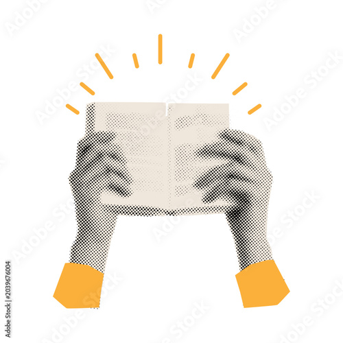 Halftone Collage Hands Holding Open Book, Symbol of Learning, Knowledge, and Education with Modern Yellow Accent Style