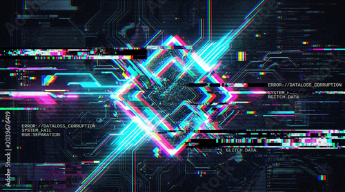 Futuristic geometric digital glitch effect with glowing neon data lines