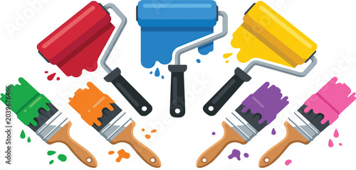 Fotografie Colorful Paint Roller and Brush Vector Set Featuring Wet Red Blue Yellow Green O