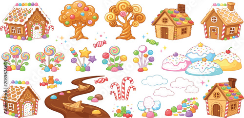 Tableau sur toile Cute Cartoon Candyland Vector Set Featuring Whimsical Gingerbread Houses Candy T