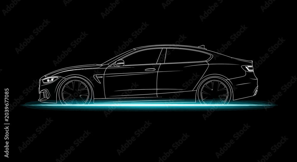 Naklejka premium Modern sport car silhouette against black background with neon accents